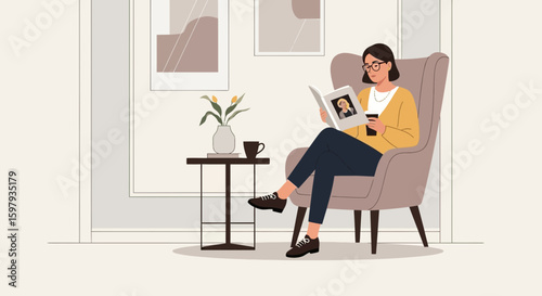 Elegant Woman Enjoys Leisure Time Reading Magazine At Her Cozy Living Room