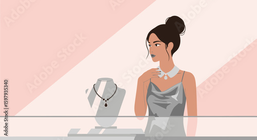 Elegant Woman Gazing At Necklace In Jewelry Store Display Window