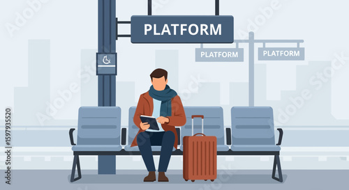 Digital Traveler Waiting At Train Station Using Tablet Commuting Lifestyle