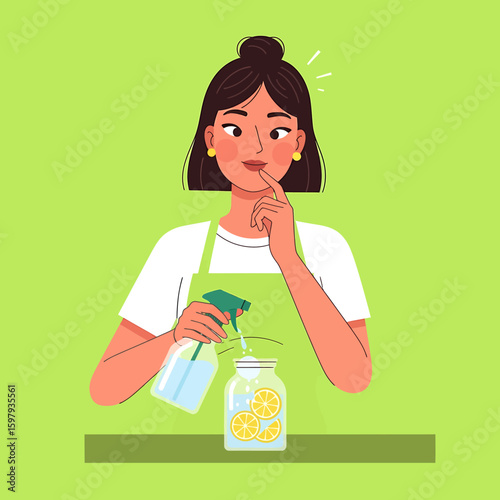 Woman with a bun sprays water into a jar of lemon slices, thoughtfully considering the recipe.