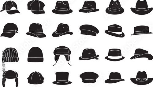 Collection of vintage hat silhouettes isolated on transparent background