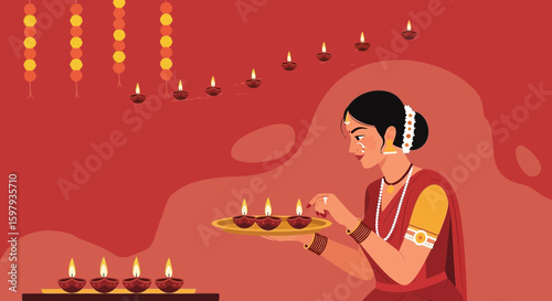 Elegant Woman Lighting Diyas For Diwali Festival Celebrations with a Warm Festive Ambience