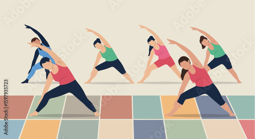 Diverse Women Practicing Triangle Pose During A Group Yoga Class Session