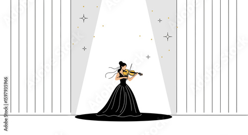 Elegant Woman Performing Violin On Stage Under Spotlight In Evening Gown