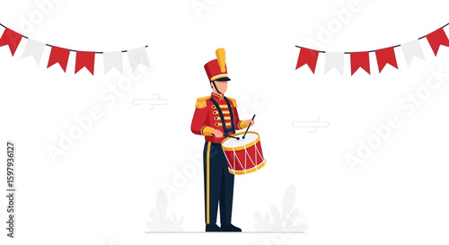Cheerful Drummer Celebrating With Banners In Festive Parade