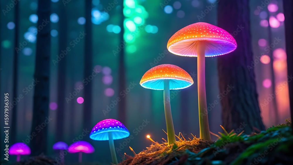 Fototapeta premium Enchanting bioluminescent mushrooms illuminate a mystical forest.jpg