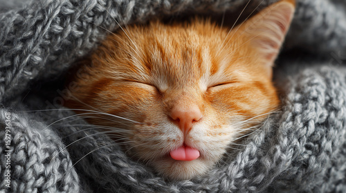 Orange Cat Sleeping Peacefully on Gray Blanket with Tongue Sticking Out