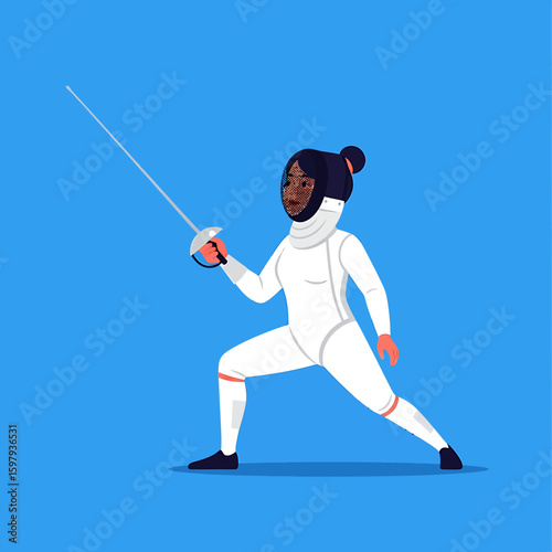 A female fencer in white protective gear lunges forward, holding a foil, against a blue background.