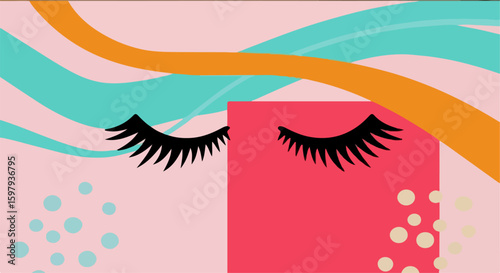 Abstract art of closed eyes with colorful shapes and eyelash details on brick wall