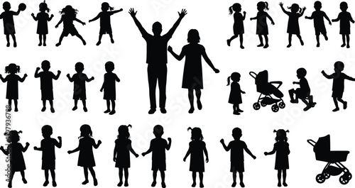 Silhouettes of children playing, walking, and standing with parents and strollers, happy kids activity set, family concept illustration

Silhouettes of children playing, walking, and standing 