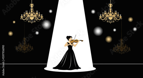 Elegant Woman Plays Violin Under Spotlight With Chandelier Decorations