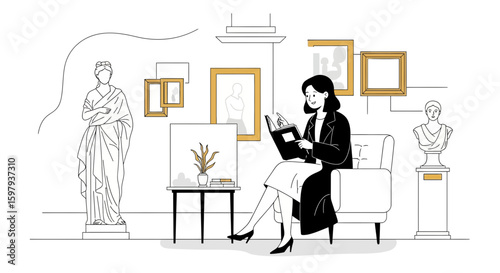 Elegant Woman Reading Amidst Classic Artworks In Modern Gallery Setting