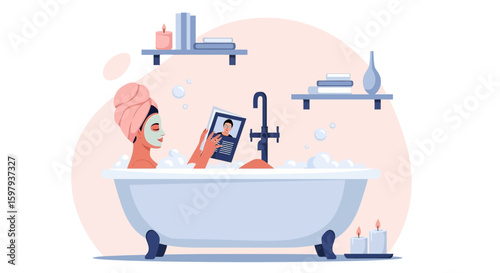 Elegant Woman Relaxes in Bubbles Bath and Reads the Curriculum Vitae