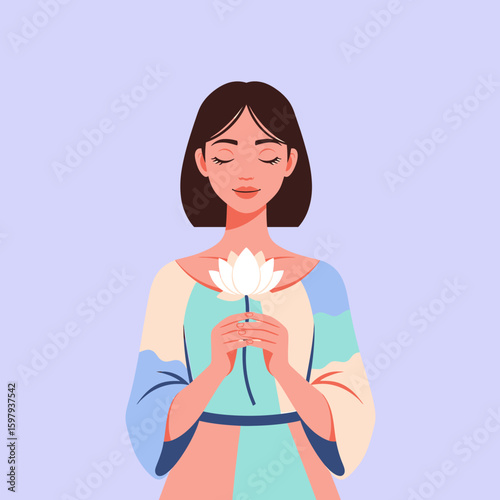 Woman with closed eyes holding a white lotus flower in her hands, wearing a colorful dress, against a light purple background.