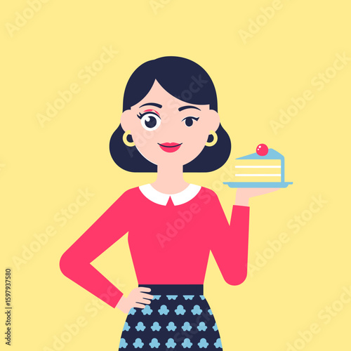 Woman with dark hair and red top holding a slice of cake with a cherry on a plate.