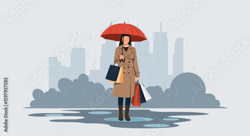 Elegant Woman Strolling Under Umbrella In Urban Rainy Weather Illustration