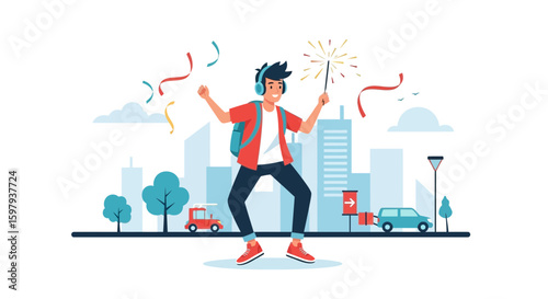 Cheerful Young Man Enjoying Festive Celebrations With Sparkler In Urban Cityscape