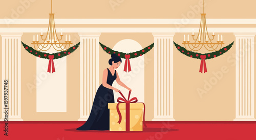 Elegant Woman Unwrapping Festive Christmas Present In Grand Ballroom Setting