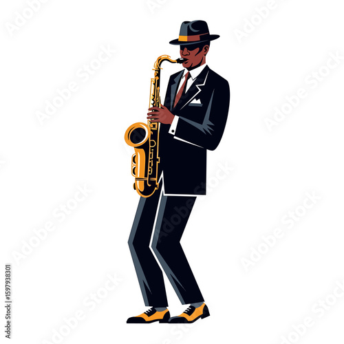 Illustration of a stylish African American man playing a saxophone, wearing a suit and hat, isolated on a white background.