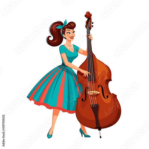 Cartoon illustration of a smiling woman in a vintage dress playing a large, upright double bass instrument. She has a blue ribbon in her hair and is wearing matching blue heels.