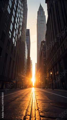 Sun glowing between skyscrapers on city street