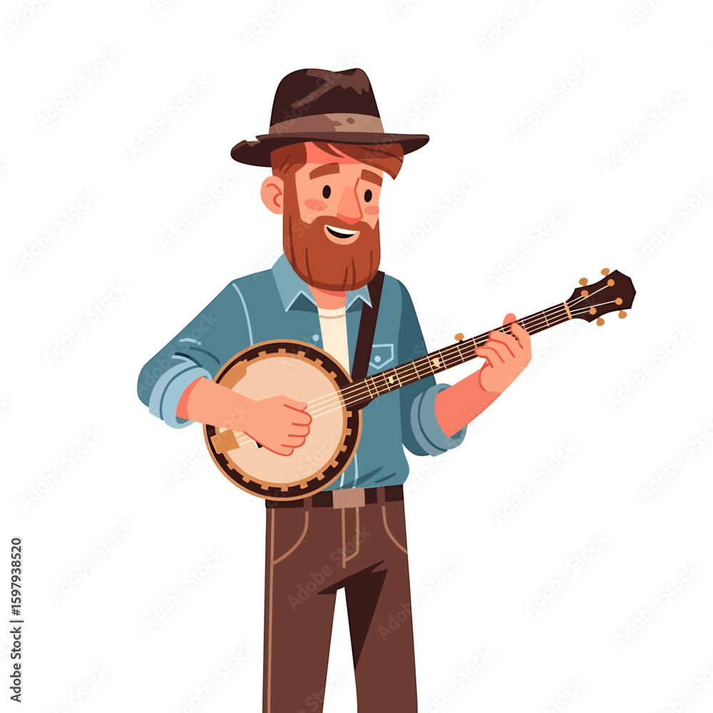 Fototapeta premium Cartoon illustration of a smiling man with a beard and hat playing a banjo, wearing a blue shirt and brown pants.