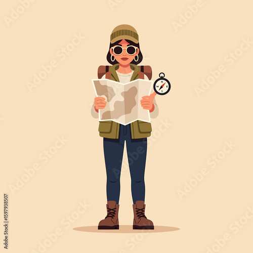 Young woman traveler character with a backpack and compass, studying a map for her next outdoor adventure.