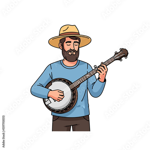 Cartoon illustration of a bearded man wearing a hat, playing a banjo with a focused expression, against a white background.