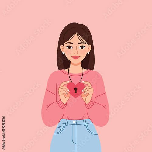 Young Woman Holding a Heart-Shaped Locket with a Keyhole, Symbolizing the Concept of Emotional Connection, Trust, and Unlocking the Secrets of Love and Affection