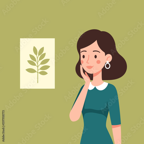 Woman admiring a framed botanical illustration of a leaf on a wall, contemplation and appreciation of nature's beauty in art
