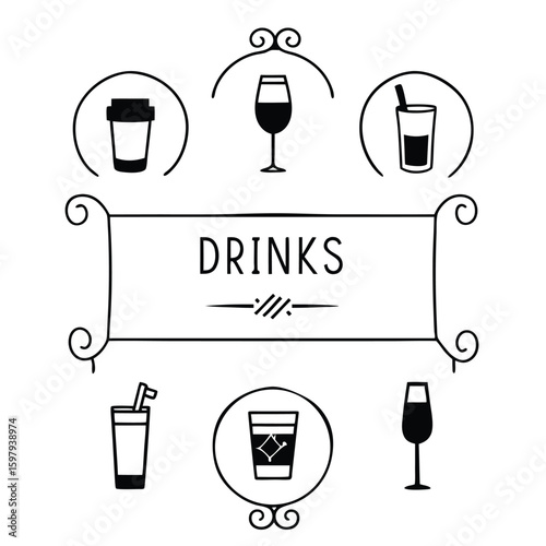 Drinks Menu with Coffee Wine and Soda Illustrations on transparent background decorative drinks menu featuring