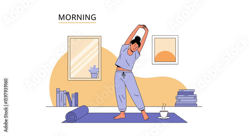 Early Morning Routine Woman Stretching On Yoga Mat At Home With Coffee