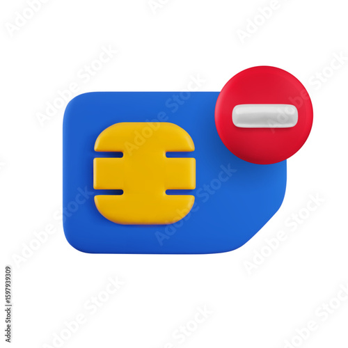 Vector cartoon 3d blocked Sim card icon. Minimal realistic 3d render No simcard sign with prohibited red circle. Rejected or disabled gsm network, Communication ban concept for web, infographic, app.