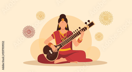 Classical Indian Music Art Culture Sitar Player Vector Illustration Design