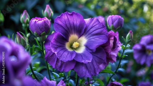 Vivid purple flowers in bloom with green foliage in the background. Beautiful garden scene showcasing colorful blossoms.