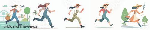 vector set of female farmers running
