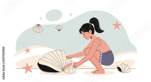 Collecting Seashells At Seaside Beach With Starfish On Summer Vacation