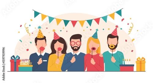 Colorful Birthday Celebration With Cheerful Friends And Festive Party Accessories