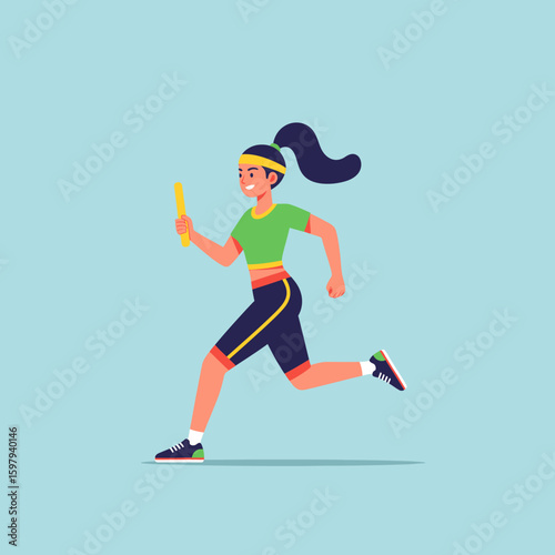 A smiling athletic woman in sportswear participates in a team relay race, running swiftly while holding the baton.