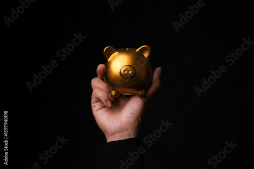 Celebration of wealth growth golden piggy bank minimalistic studio financial symbolism handheld perspective