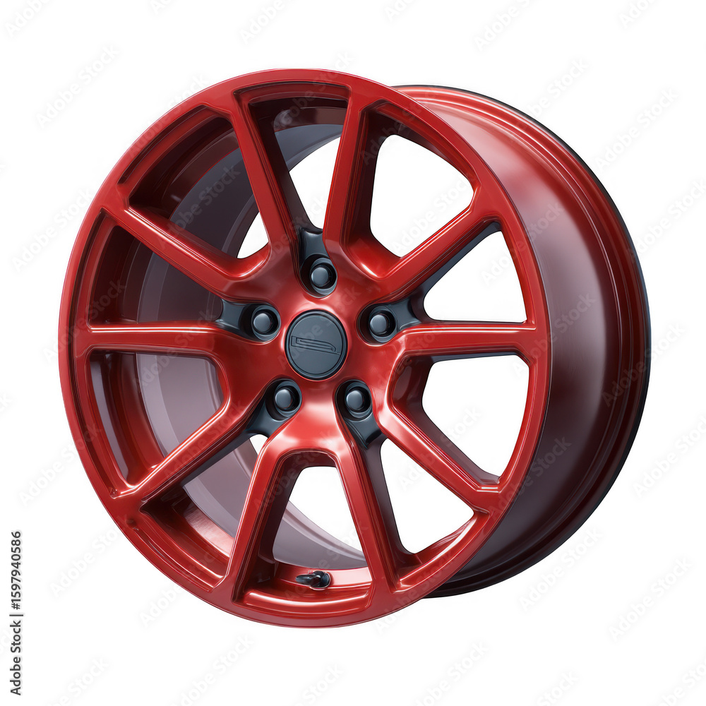 Obraz premium Modern glossy red alloy car wheel with black accents isolated on transparent background