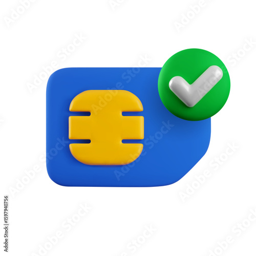 Vector cartoon 3d approved Sim card icon. Minimal realistic 3d render of blue SIM card with green check mark. Checked phone number symbol, verified gsm network eSIM, Communication technology concept.