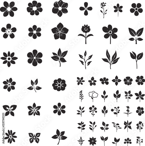 Flower and leaf icon set, illustration on a white background. Flower icon collection in a simple, flat style design