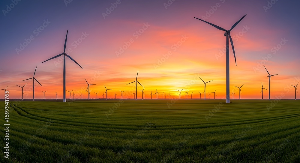 Obraz premium Wind turbines operating in a wide green field during sunset with orange and purple skies.