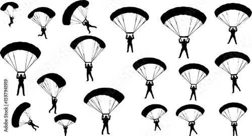 set of vector set of skydiving silhouettes collection
on white background