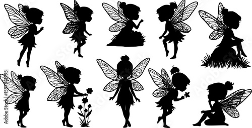 set of Cute Fairy art. Beautiful Fairies silhouette collection, Little fairies set. Hand drawn vector illustration. on white background