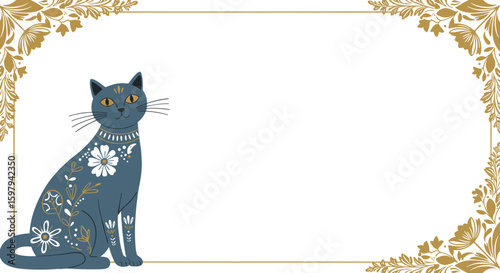 Elegant cat illustration with floral accents for cards, invitations and stationery for pet lovers