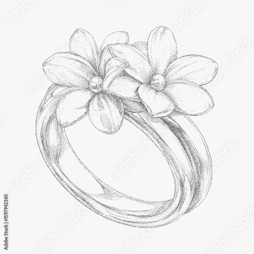 Ring with a flower design on it. Gritty retro halftone stipple sketch with photocopy paper grain and threshold contrast, adding raw graphic energy.