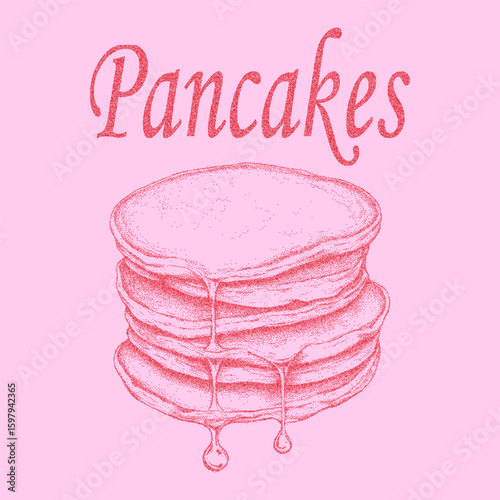 Close up of a stack of pancakes with syrup dripping from the top. Vintage halftone stipple art, rough noisy texture, photocopy grain and sharp threshold lines, graphic look.