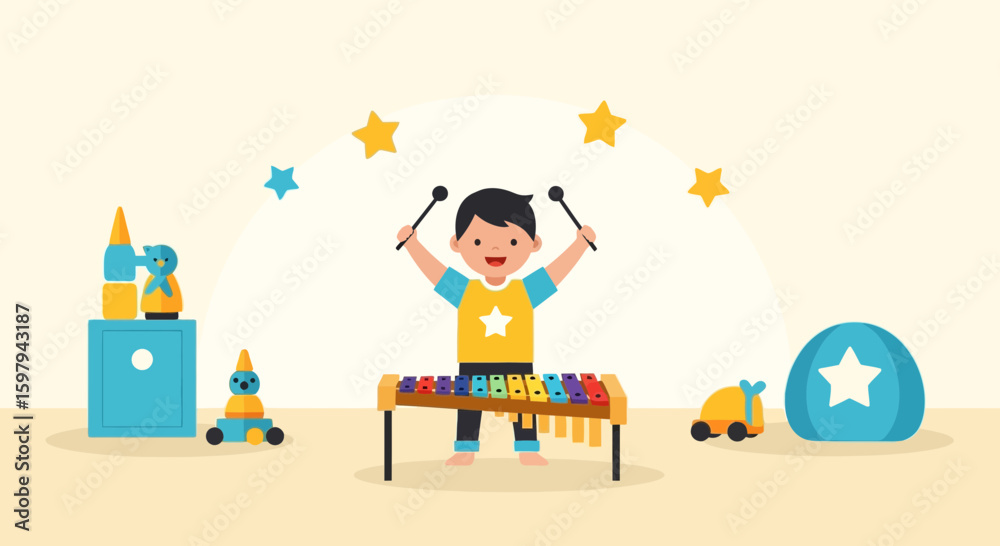 Fototapeta premium Joyful Boy Playing Xylophone Surrounded by Toys in a Colorful Room